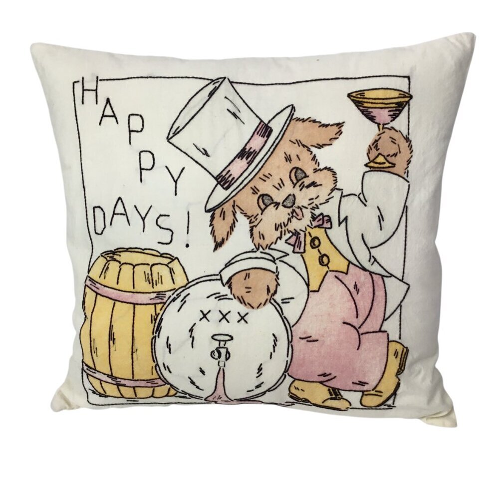 Embroidered Pillow Happy Days Prohibition Whiskey Barrel Martini Dog Top Hat